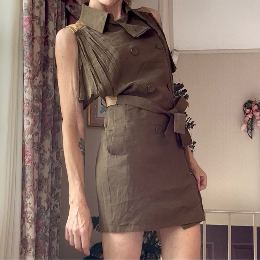 NWOT Plastic Island Khaki Double-Breasted Mini Trench Dress. Size XS